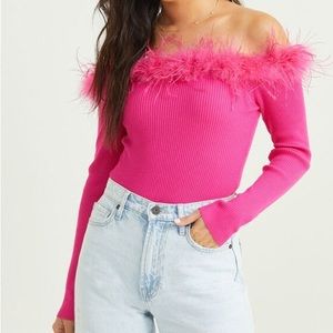 Altar’d State Hot Pink Feather Bodysuit Barbie L